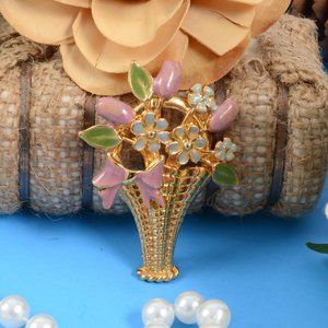 Vintage Flower Bouquet Gold Tone Brooch with Enamel Blue Flowers and Pink Bow